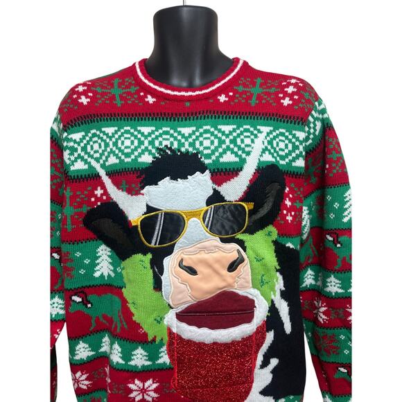 Celebrate Together Ugly Sweater Mens Size Large Cow Party Xmas Pullover - Picture 10 of 11